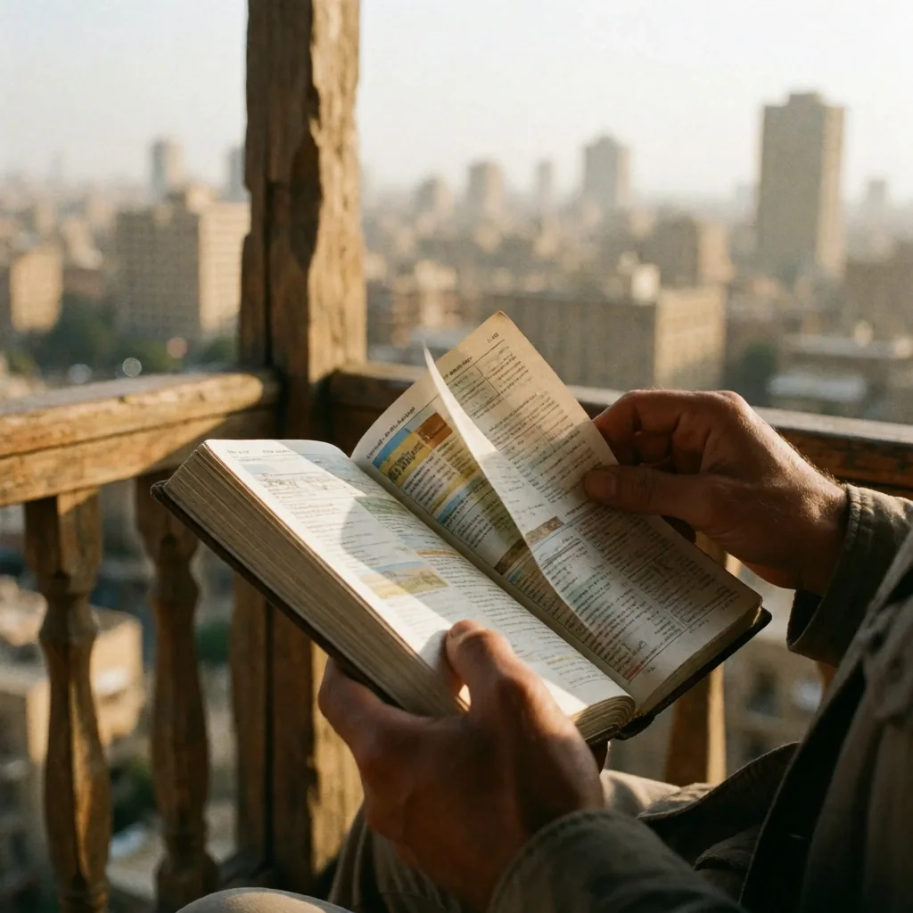 Open travel notebook on a sunlit wooden table