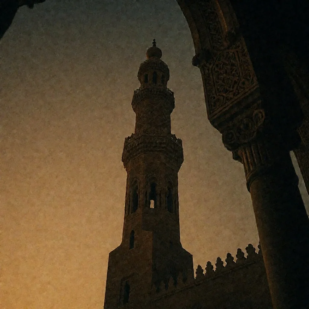 Mosque minaret silhouette against dusk sky
