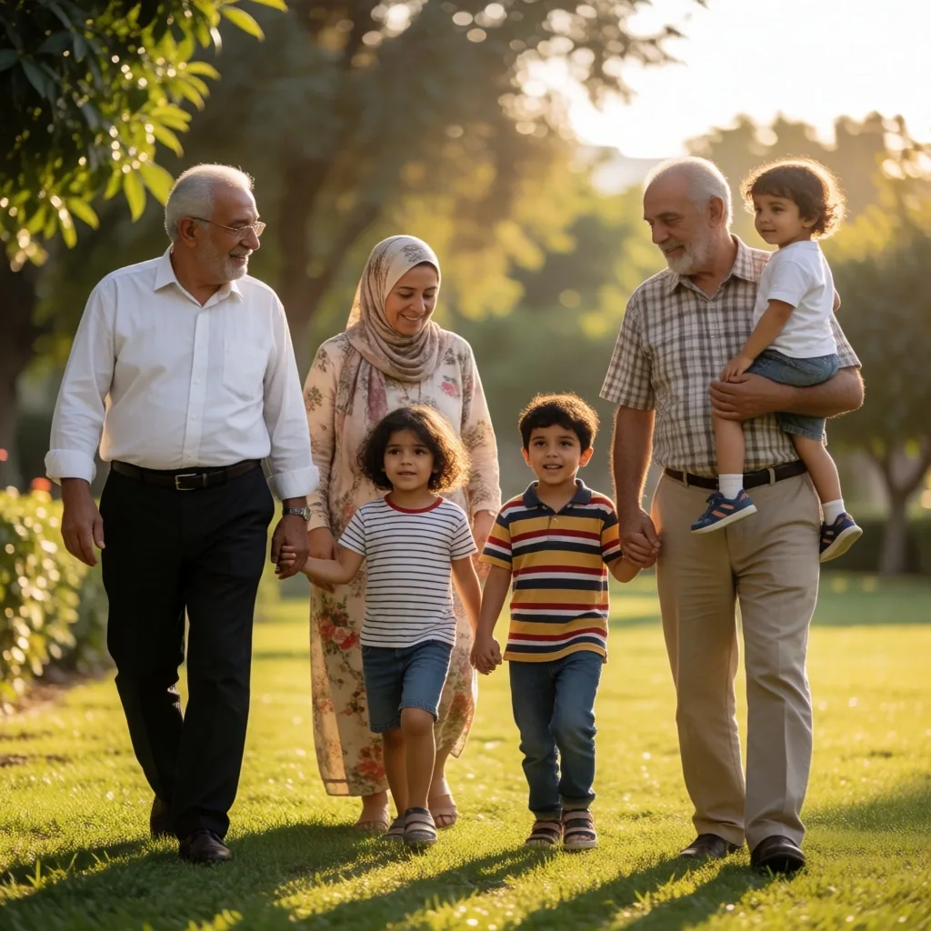 Multi-generational family walking together outdoors