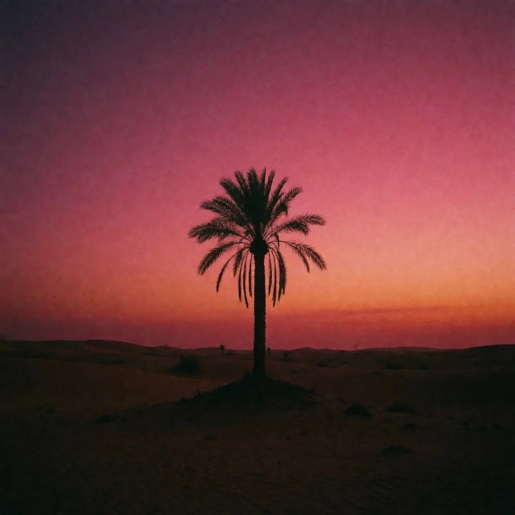 Palm tree silhouette against a dusk sky