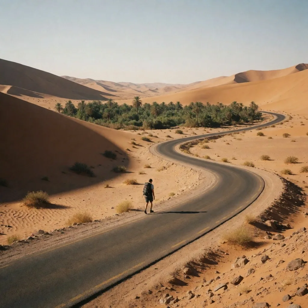 Independent traveller walking a desert road toward palm groves