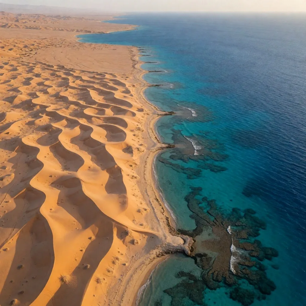 Desert dunes and coastal reef landscape at sunset