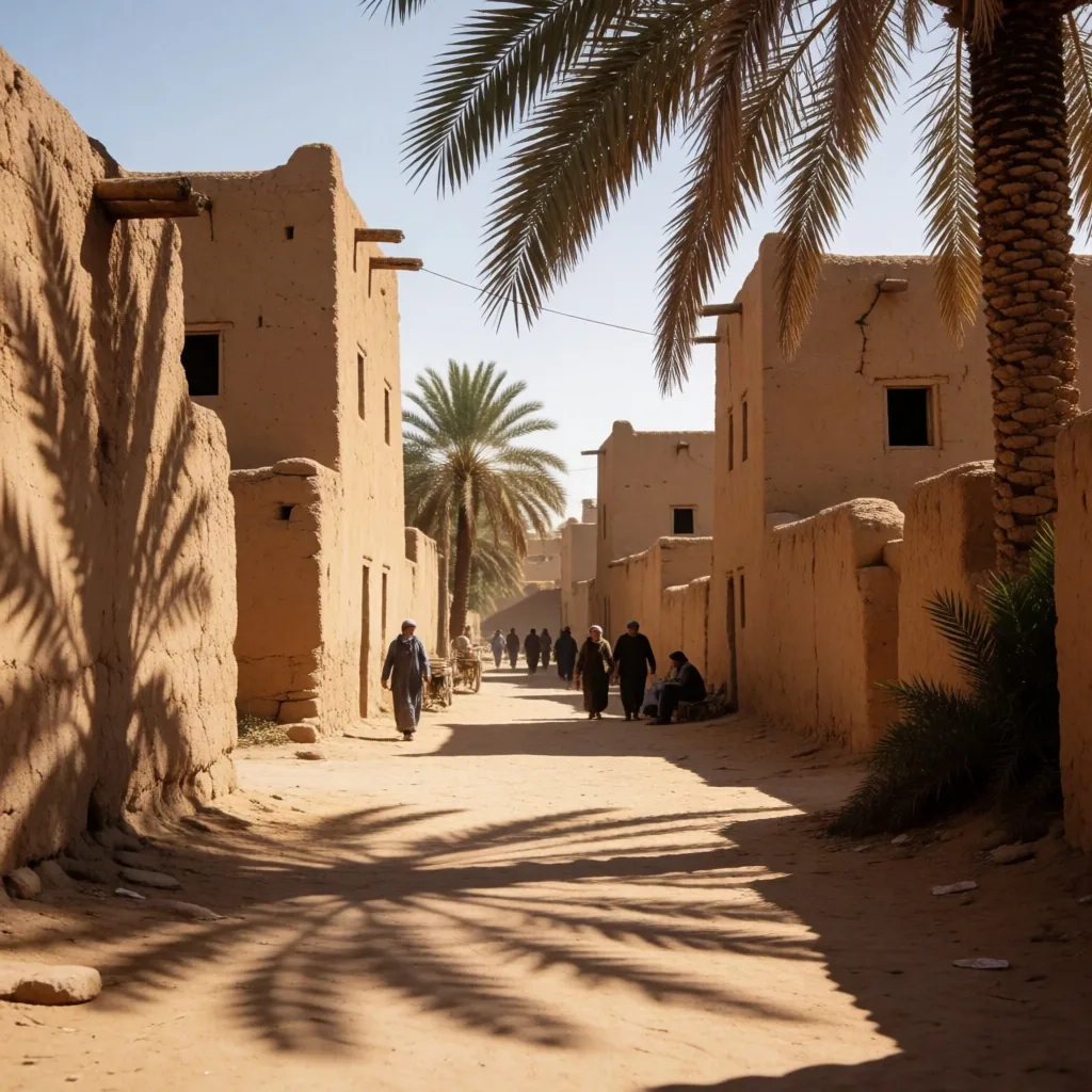 Narrow street with palm shadows on stone walls