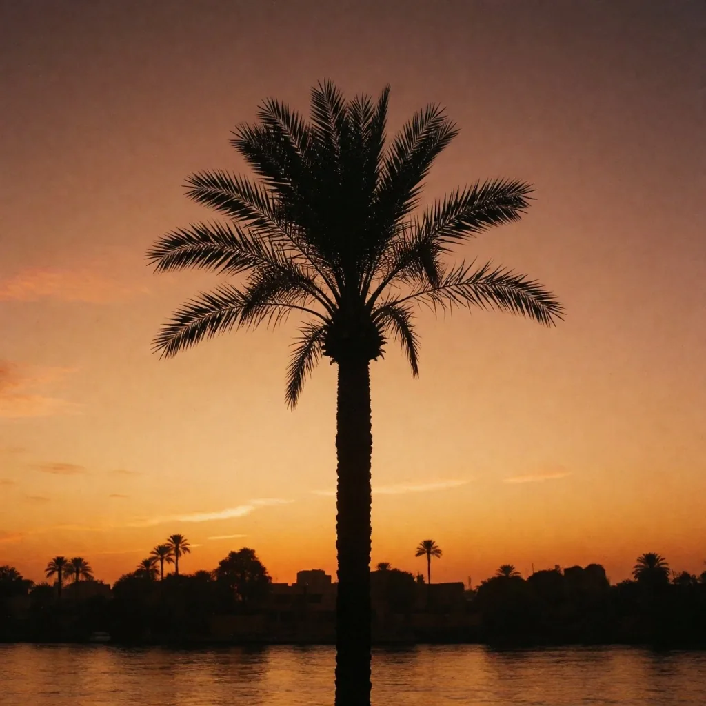 Palm tree silhouette against a fuchsia dusk sky