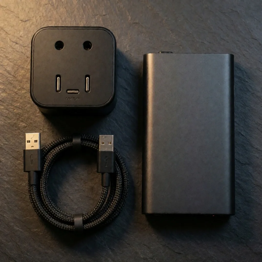 Travel tech accessories arranged on a dark surface
