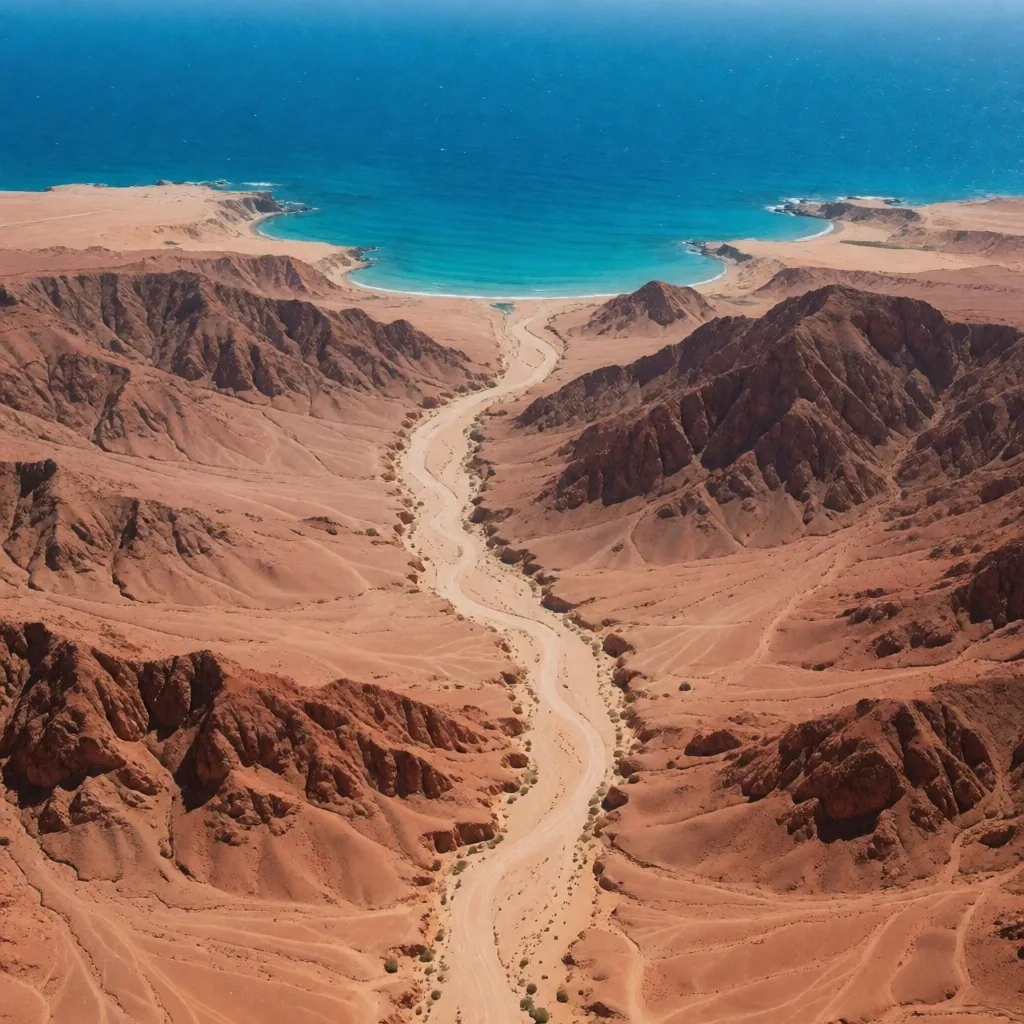 Desert mountains meeting turquoise sea