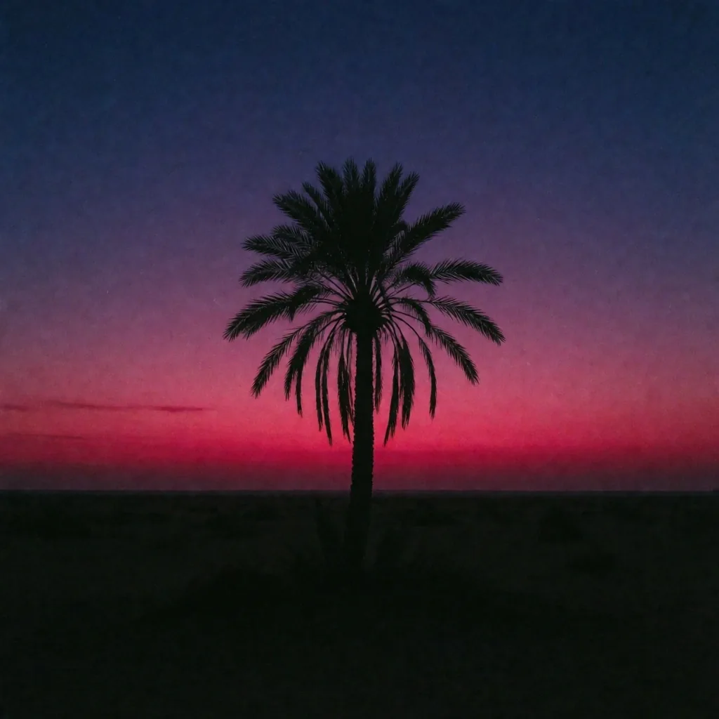Palm tree silhouette against a fuchsia desert dusk