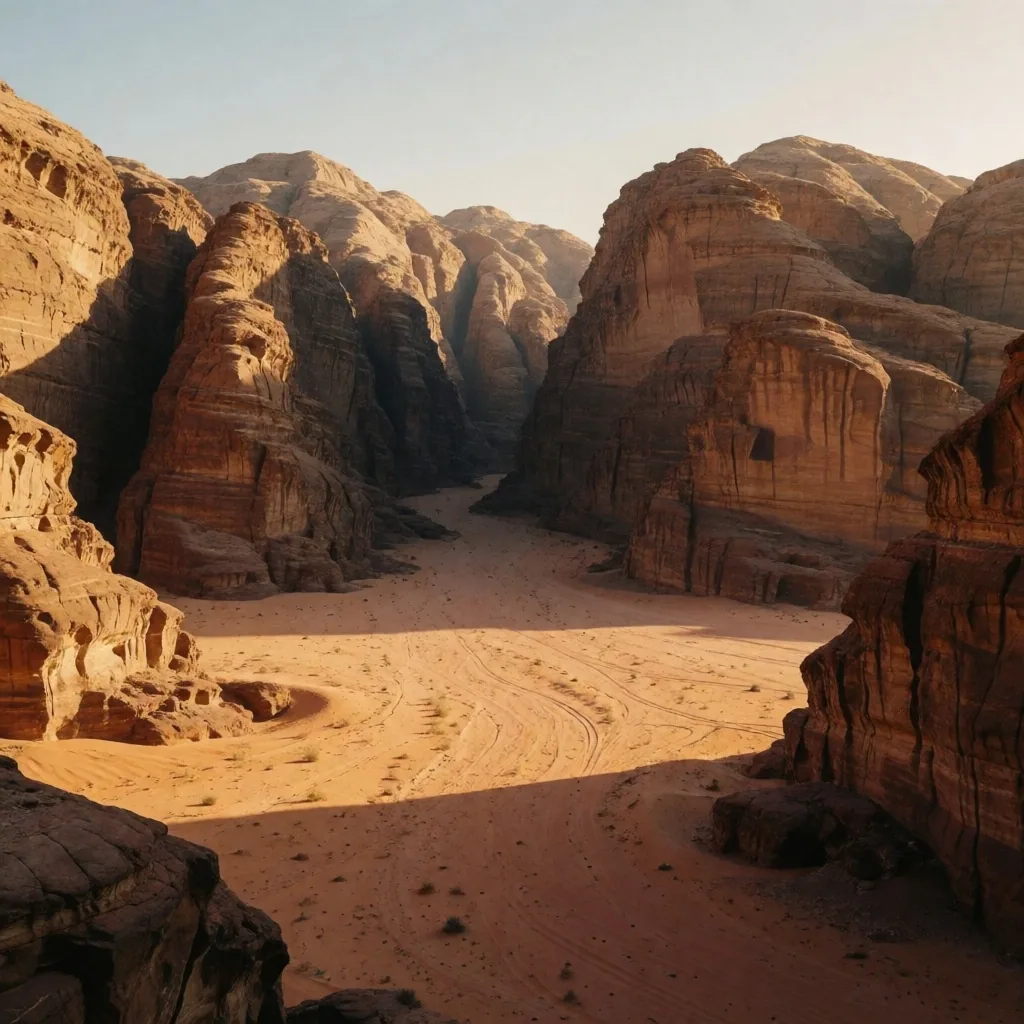 Sandstone canyon with layered rock at sunset