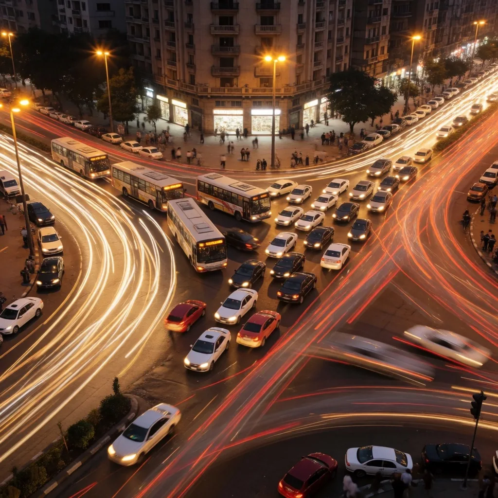 Blurred Cairo traffic at dusk with streaking headlights