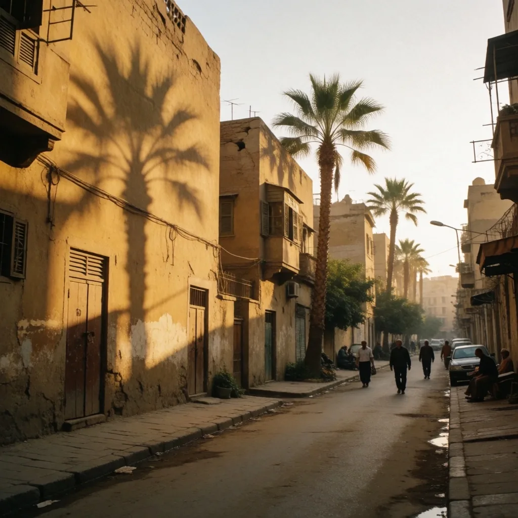 Quiet Old Cairo street at golden hour with long palm shadows
